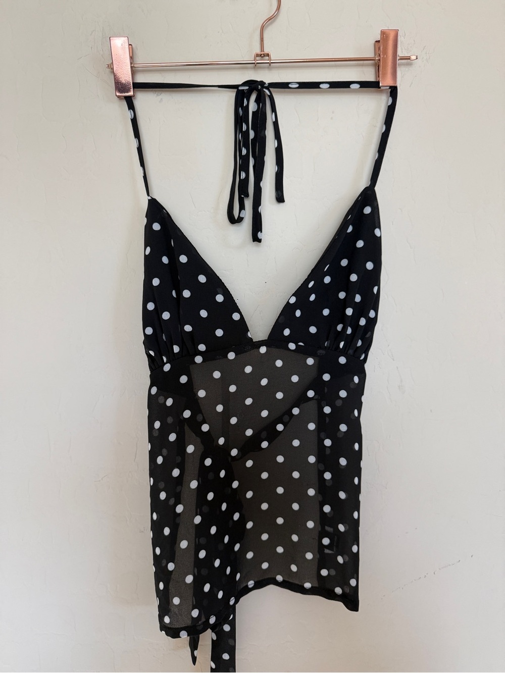 Sheer Polka Dot Tie-Back Chemise - Black & White XS Small